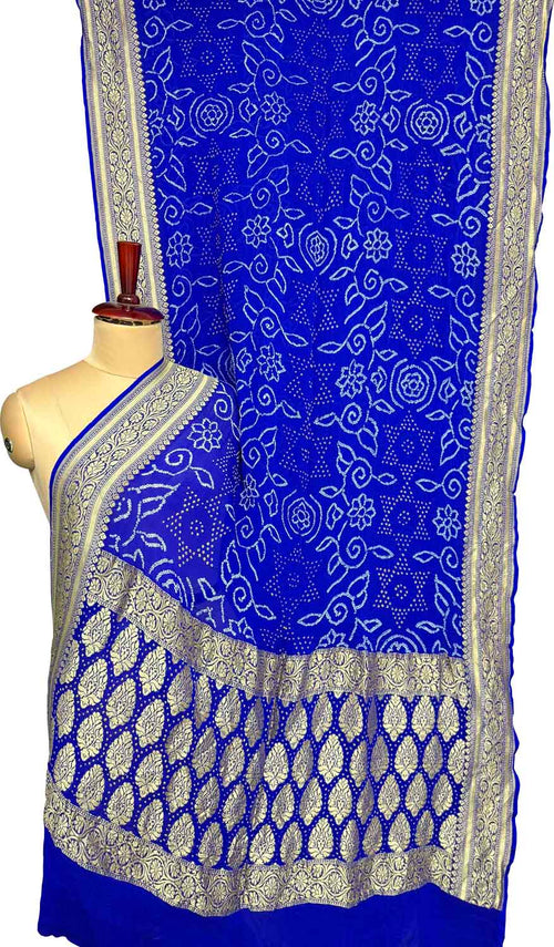 Blue Banarasi Bandhani Pure Georgette Neemzari Saree