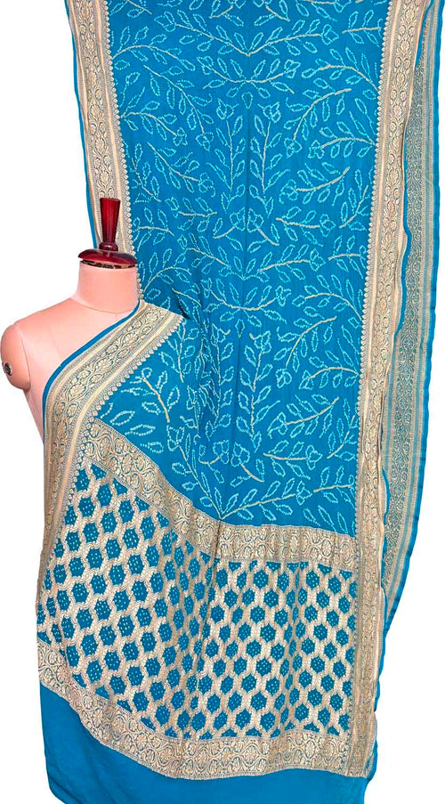Blue Banarasi Bandhani Pure Georgette Neemzari Saree