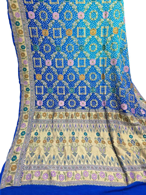 Blue Banarasi Bandhani Pure Georgette Tilfi Zari Saree