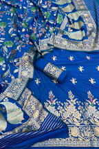 Blue Banarasi Meenakari Katan Silk Suit — Zari Floral Weave, Festive