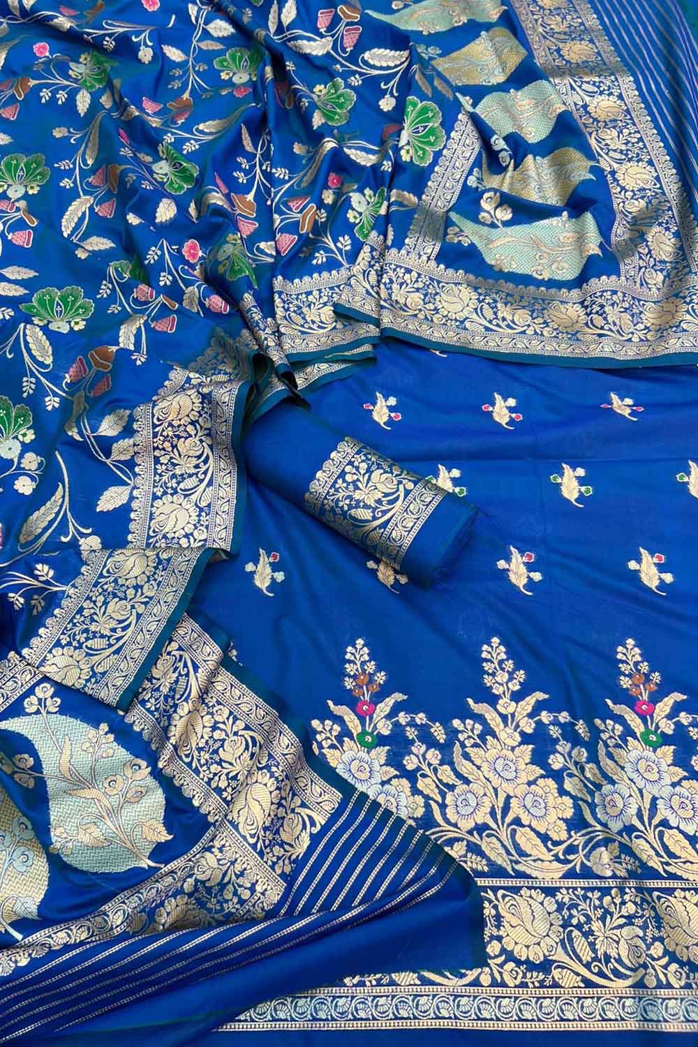 Blue Banarasi Meenakari Katan Silk Suit — Zari Floral Weave, Festive