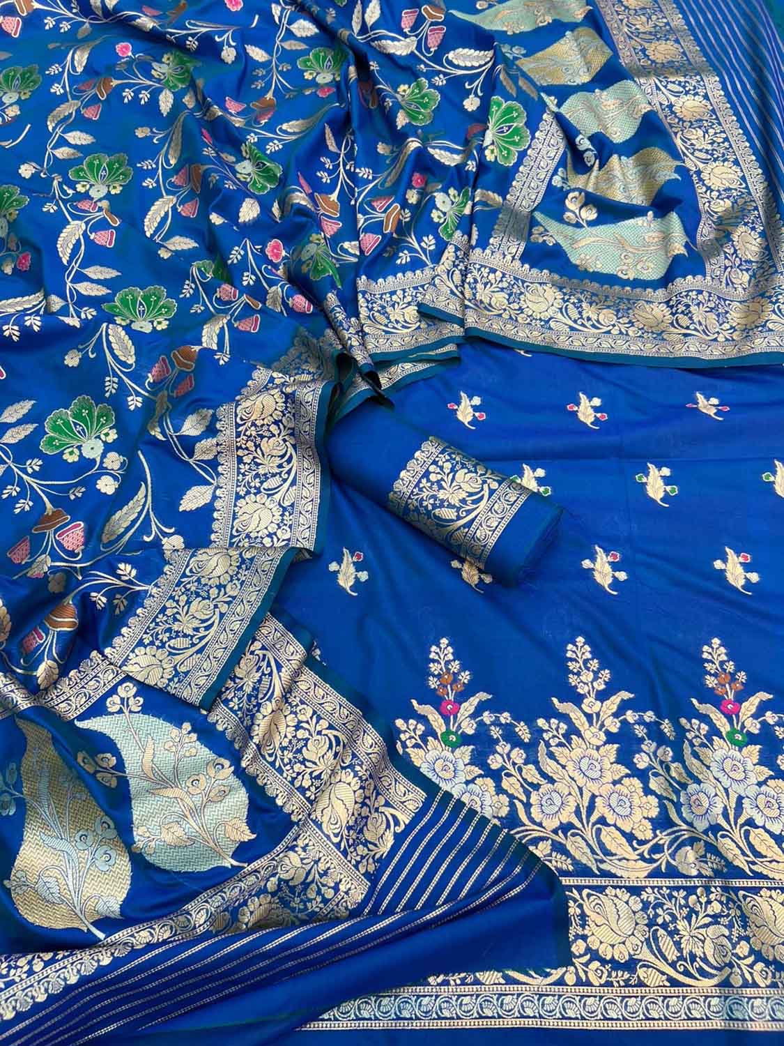Blue Banarasi Meenakari Katan Silk Suit — Zari Floral Weave, Festive