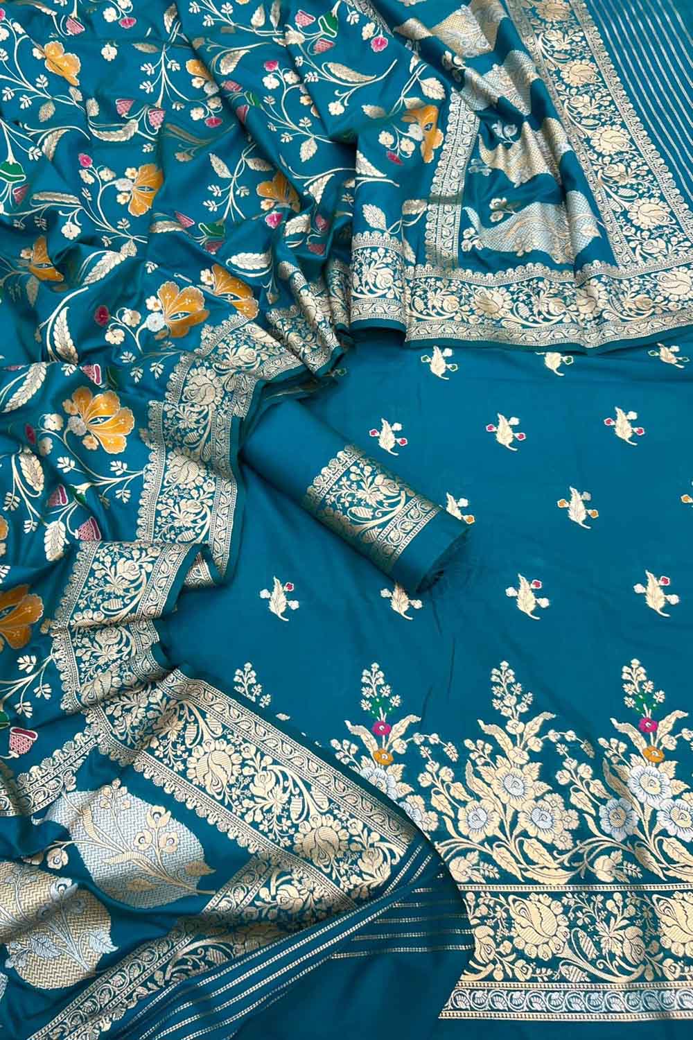 Blue Banarasi Meenakari Katan Silk Suit — Meena Floral Buti, Festive