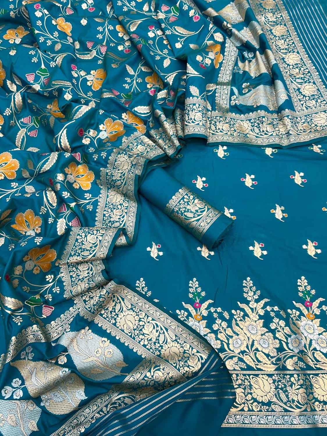 Blue Banarasi Meenakari Katan Silk Suit — Meena Floral Buti, Festive
