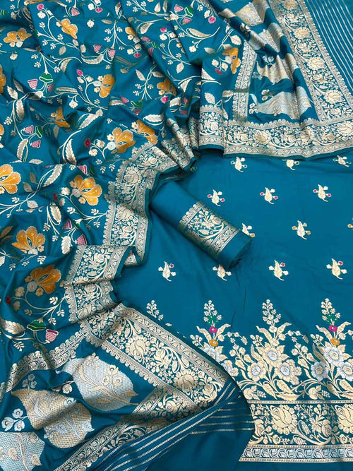 Blue Banarasi Meenakari Katan Silk Suit — Meena Floral Buti, Festive