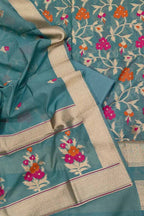 Blue Banarasi Semi Cotton Three Piece Unstitched Suit Set