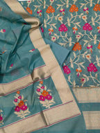 Blue Banarasi Semi Cotton Three Piece Unstitched Suit Set