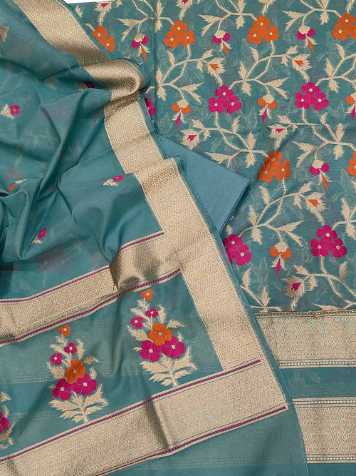 Blue Banarasi Semi Cotton Three Piece Unstitched Suit Set
