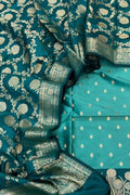 Blue Banarasi Silk Three Piece Unstitched Suit Set