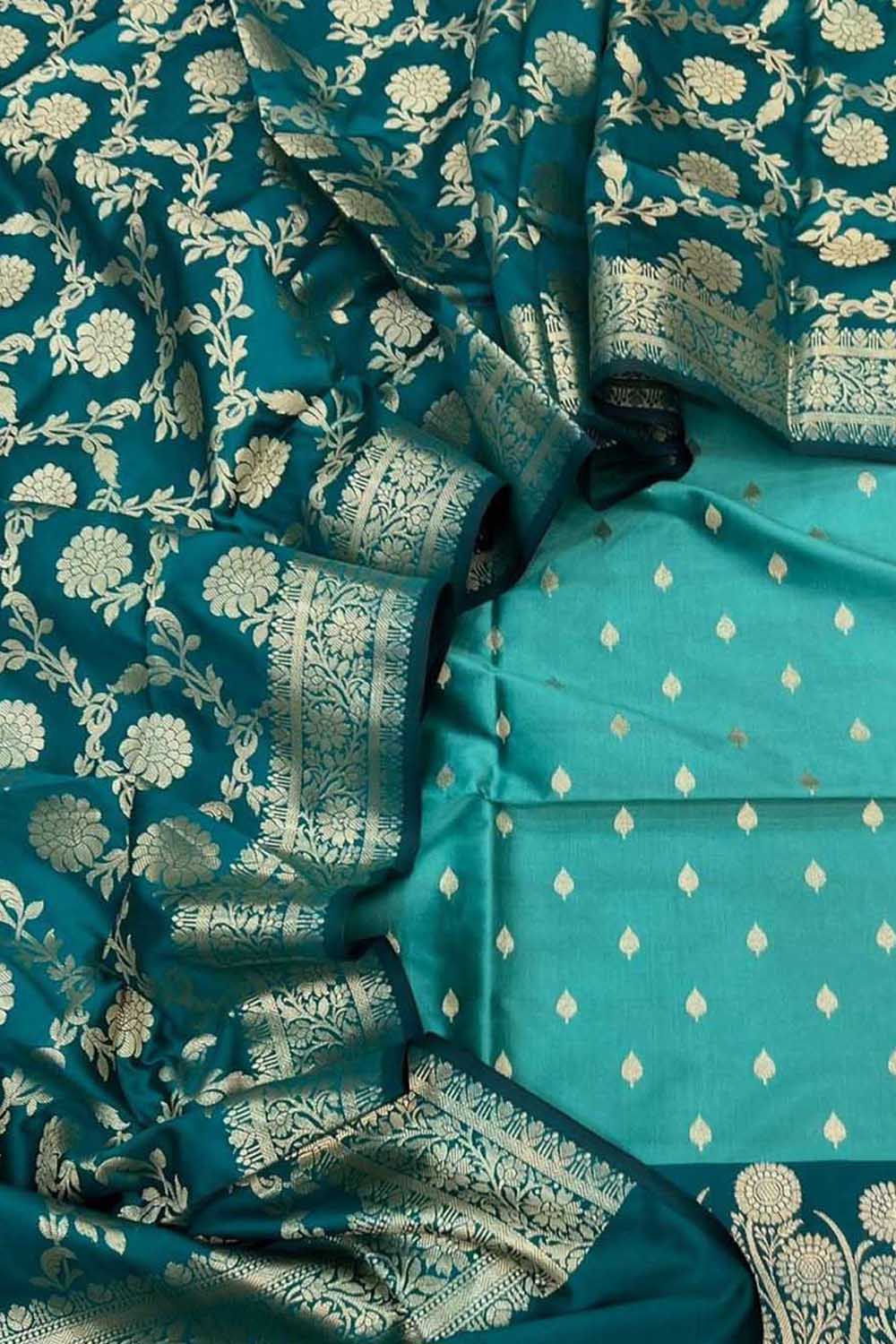 Blue Banarasi Silk Three Piece Unstitched Suit Set
