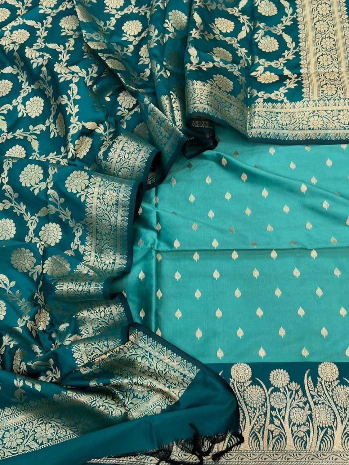 Blue Banarasi Silk Three Piece Unstitched Suit Set