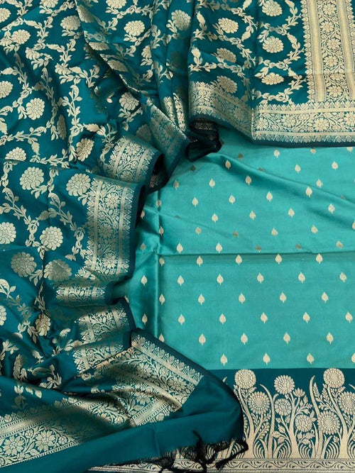 Blue Banarasi Silk Three Piece Unstitched Suit Set
