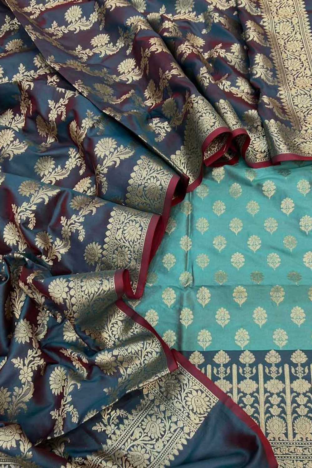 Blue Banarasi Silk Three Piece Unstitched Suit Set