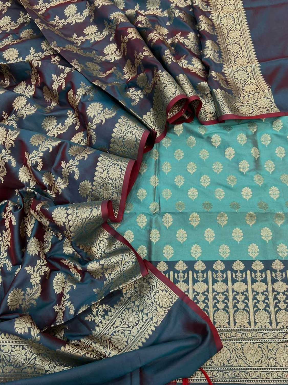 Blue Banarasi Silk Three Piece Unstitched Suit Set