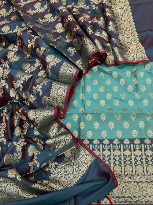 Blue Banarasi Silk Three Piece Unstitched Suit Set