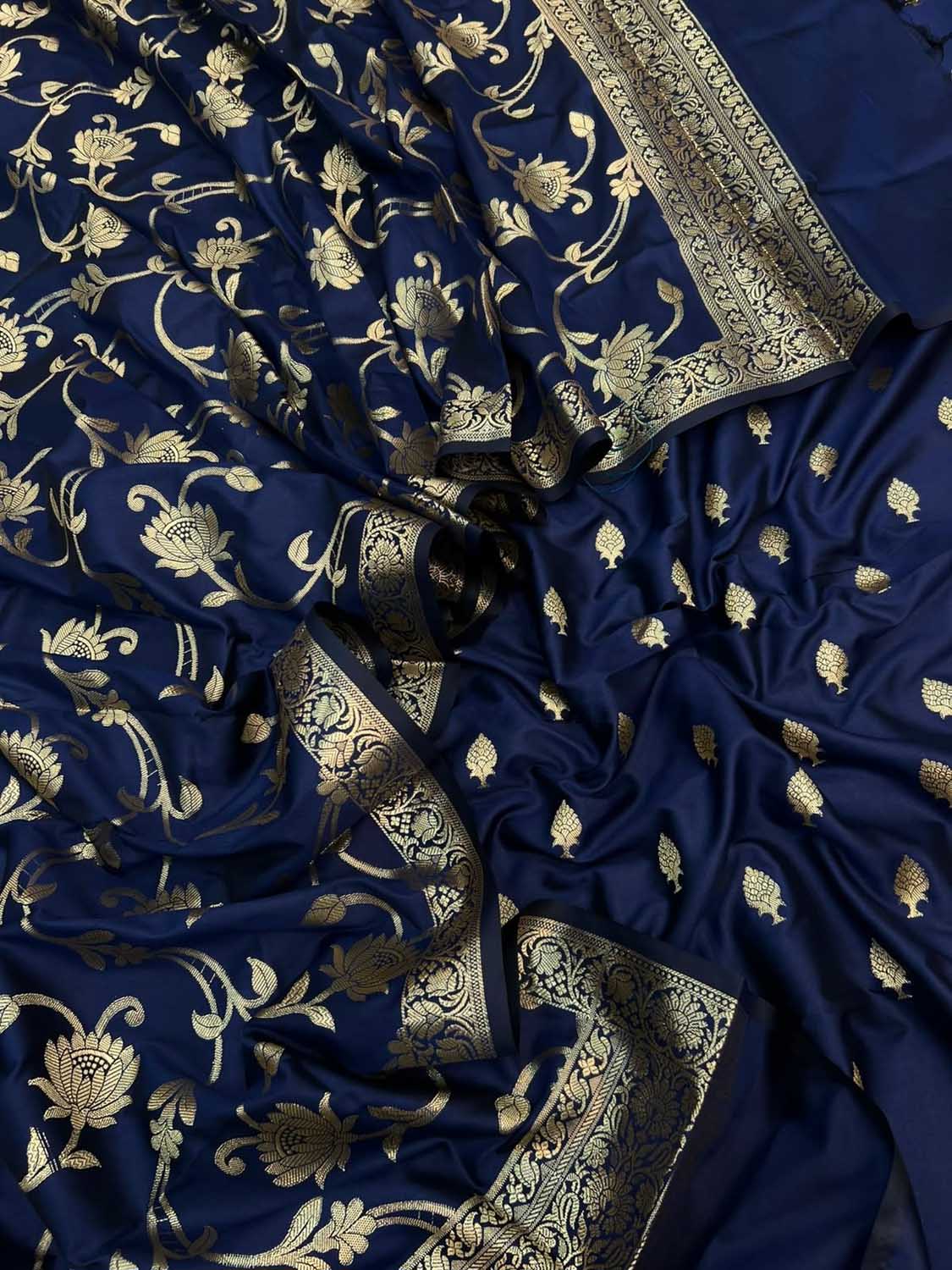 Blue Banarasi Silk Three Piece Unstitched Suit Set