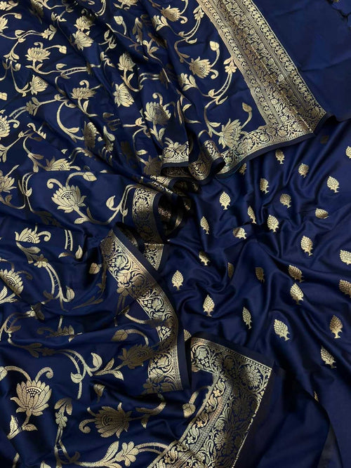 Blue Banarasi Silk Three Piece Unstitched Suit Set