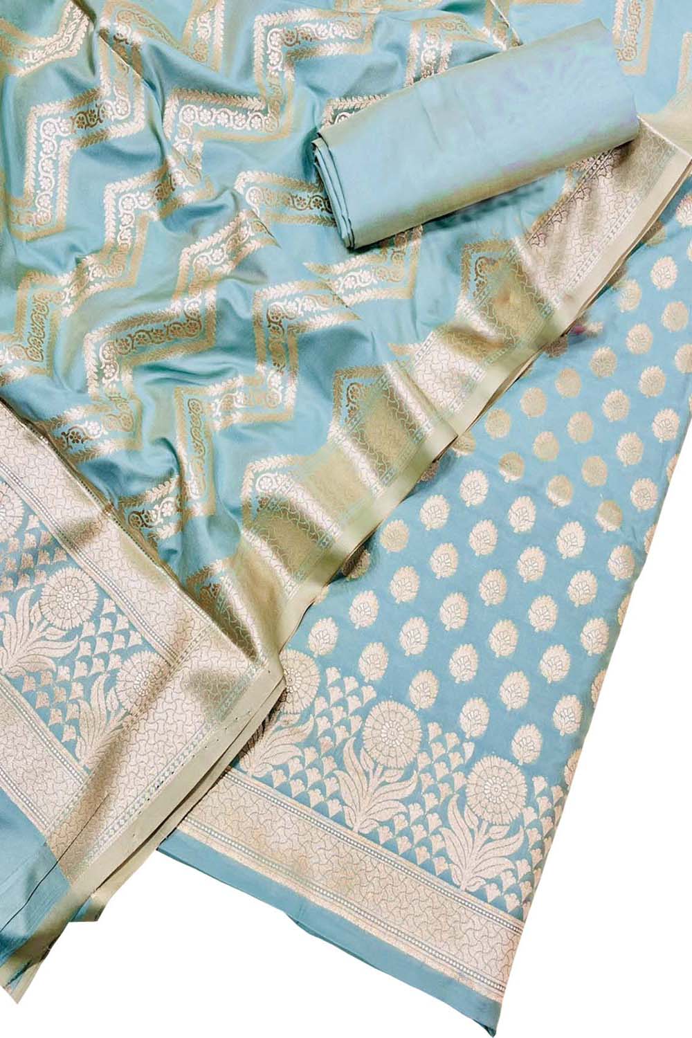 Blue Banarasi Silk Unstitched Suit Set Three Piece Festive Wear