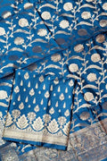 Blue Banarasi Silk Three Piece Unstitched Suit Set