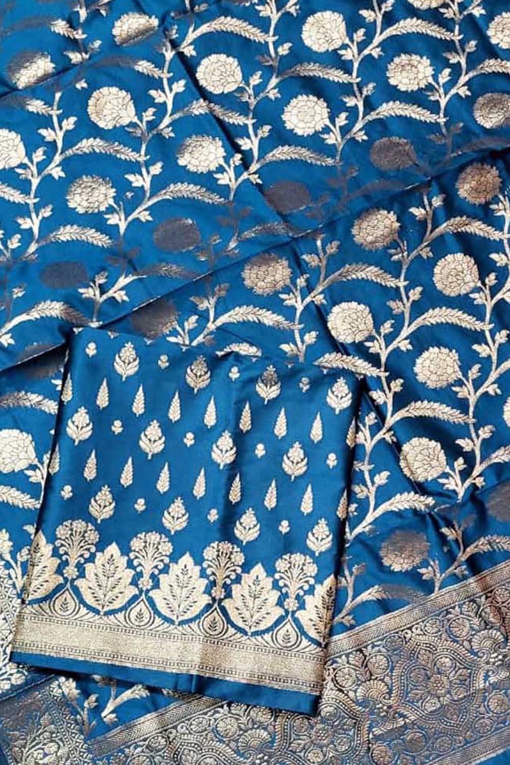 Blue Banarasi Silk Three Piece Unstitched Suit Set