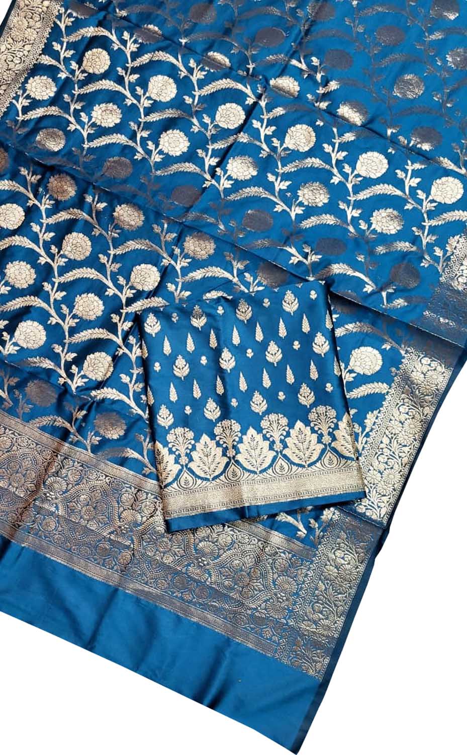 Blue Banarasi Silk Three Piece Unstitched Suit Set