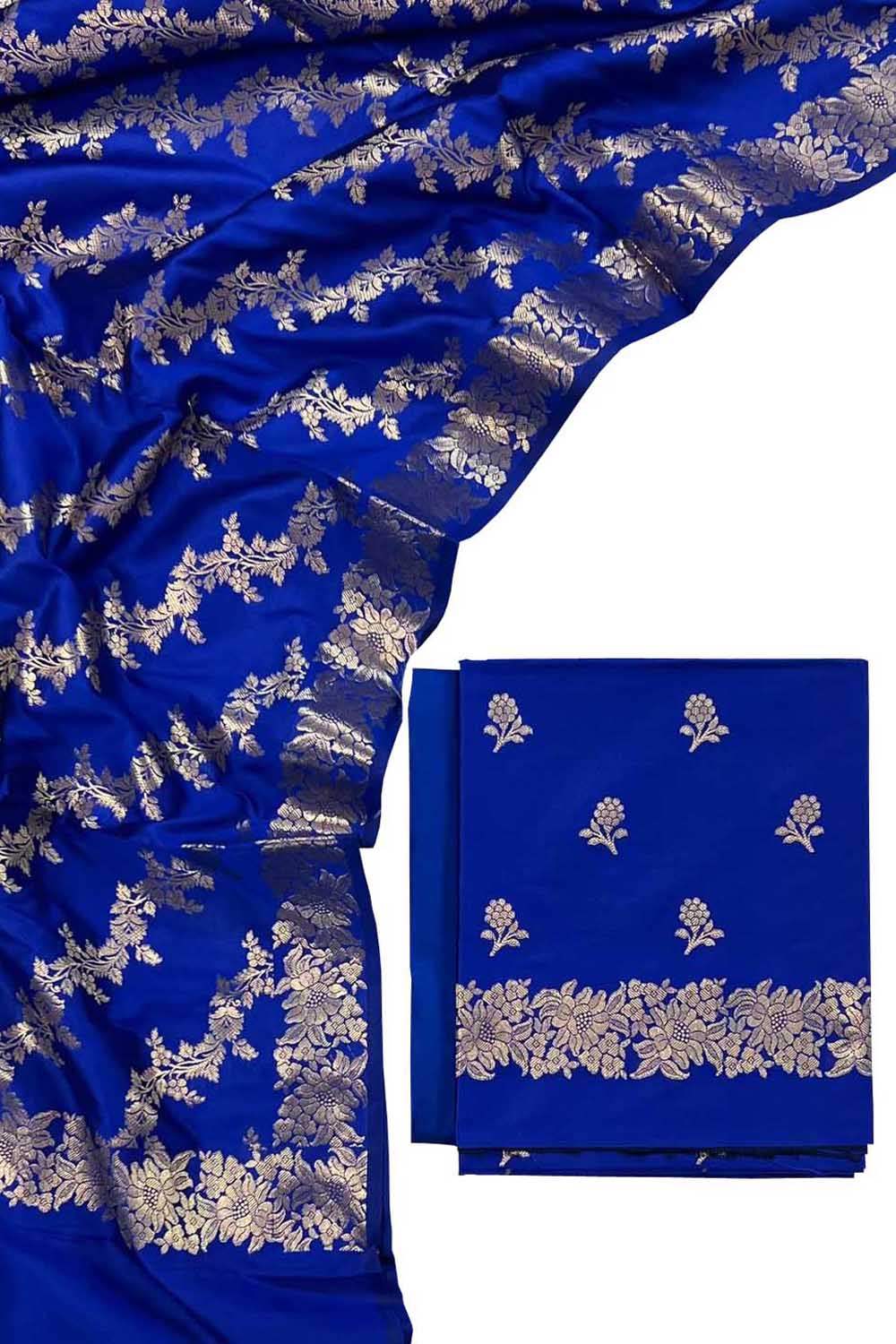 Blue Banarasi Silk Three Piece Unstitched Suit Set