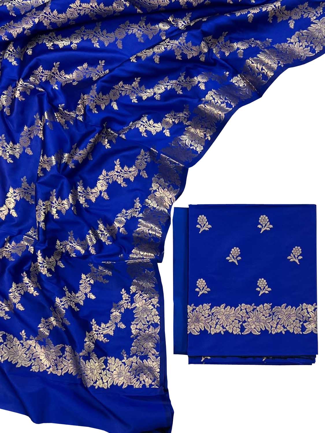Blue Banarasi Silk Three Piece Unstitched Suit Set