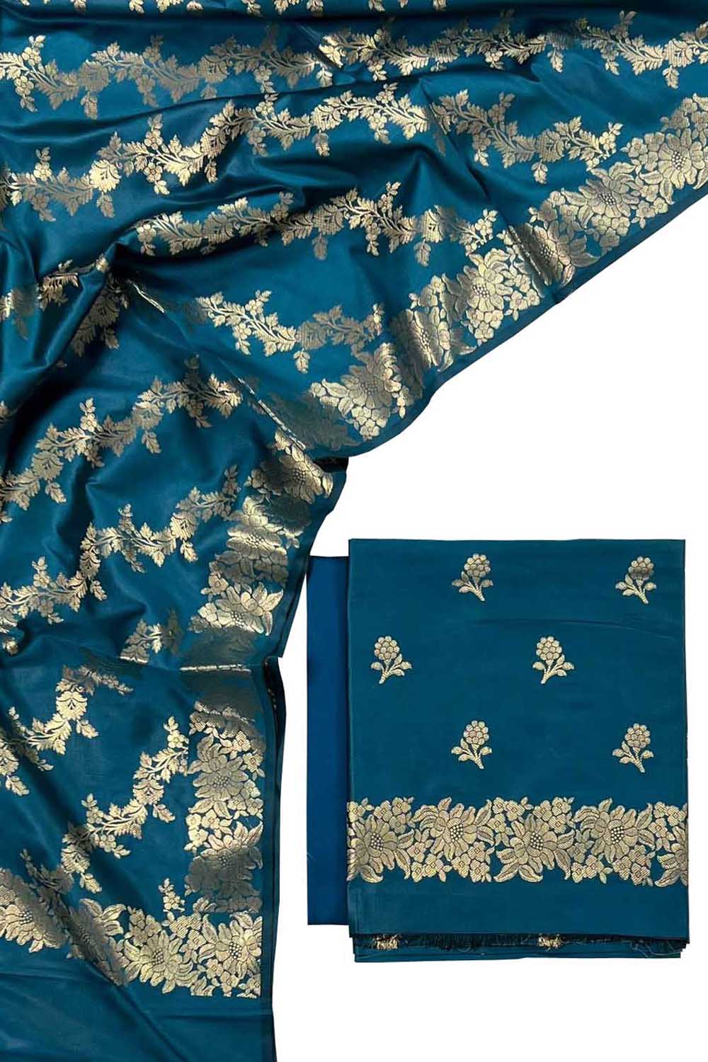 Blue Banarasi Silk Three Piece Unstitched Suit Set