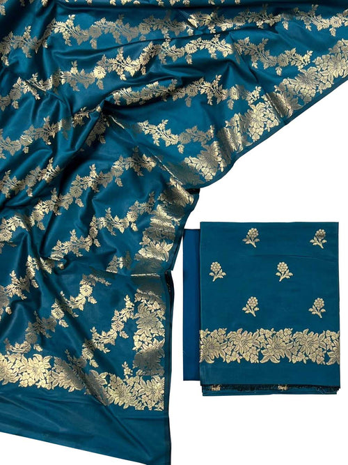 Blue Banarasi Silk Three Piece Unstitched Suit Set