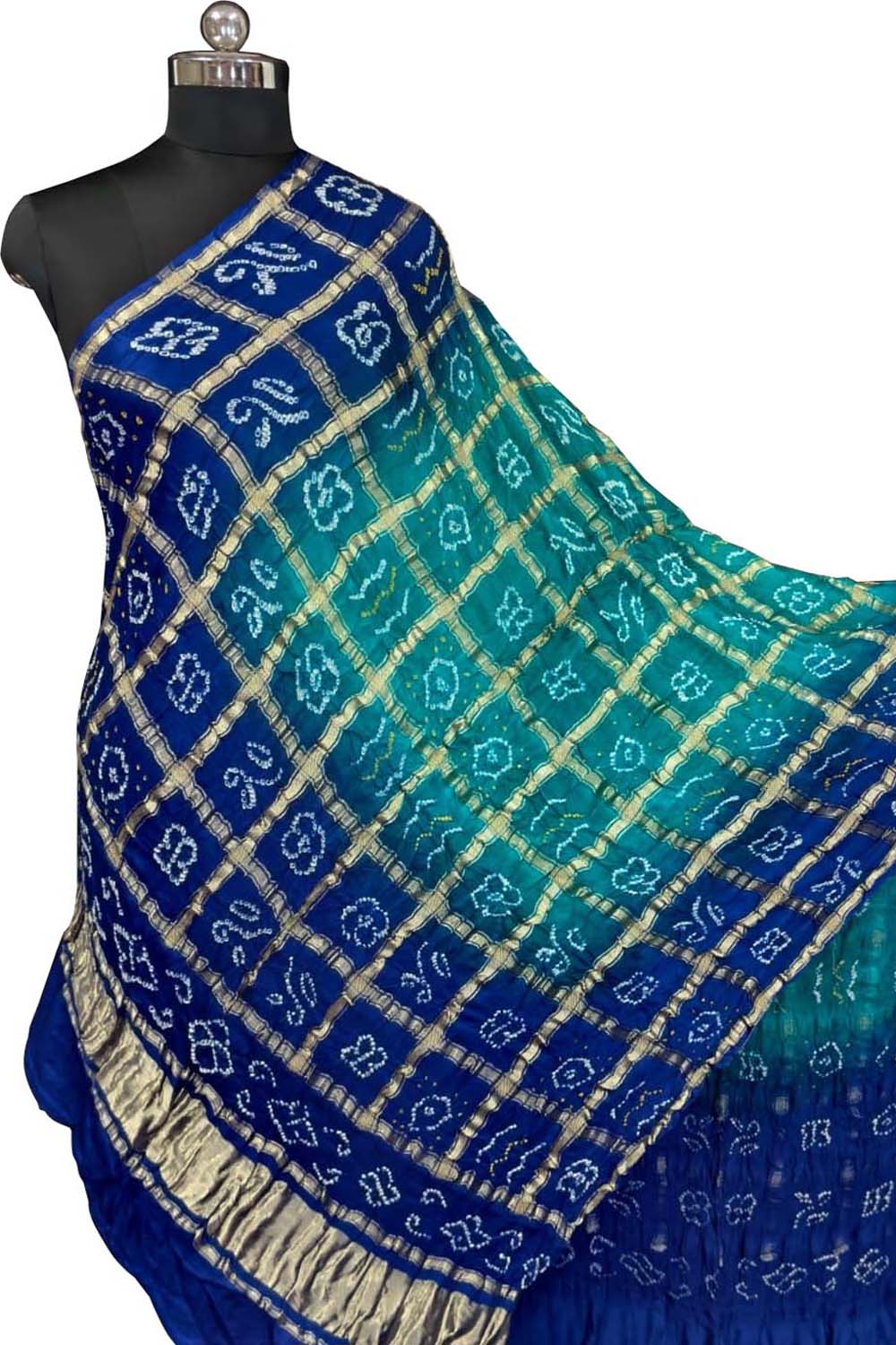 Blue Bandhani Gajji Silk Checks Design Dupatta
