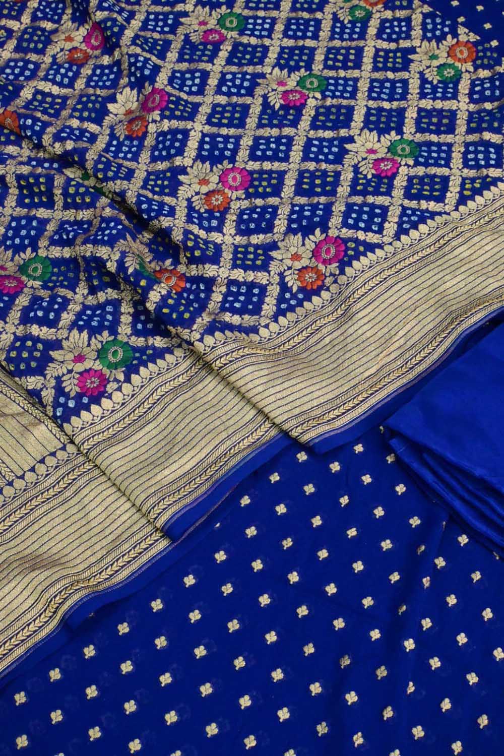 Blue Bandhani Georgette Three Piece Unstitched Suit With Meenakari Dupatta