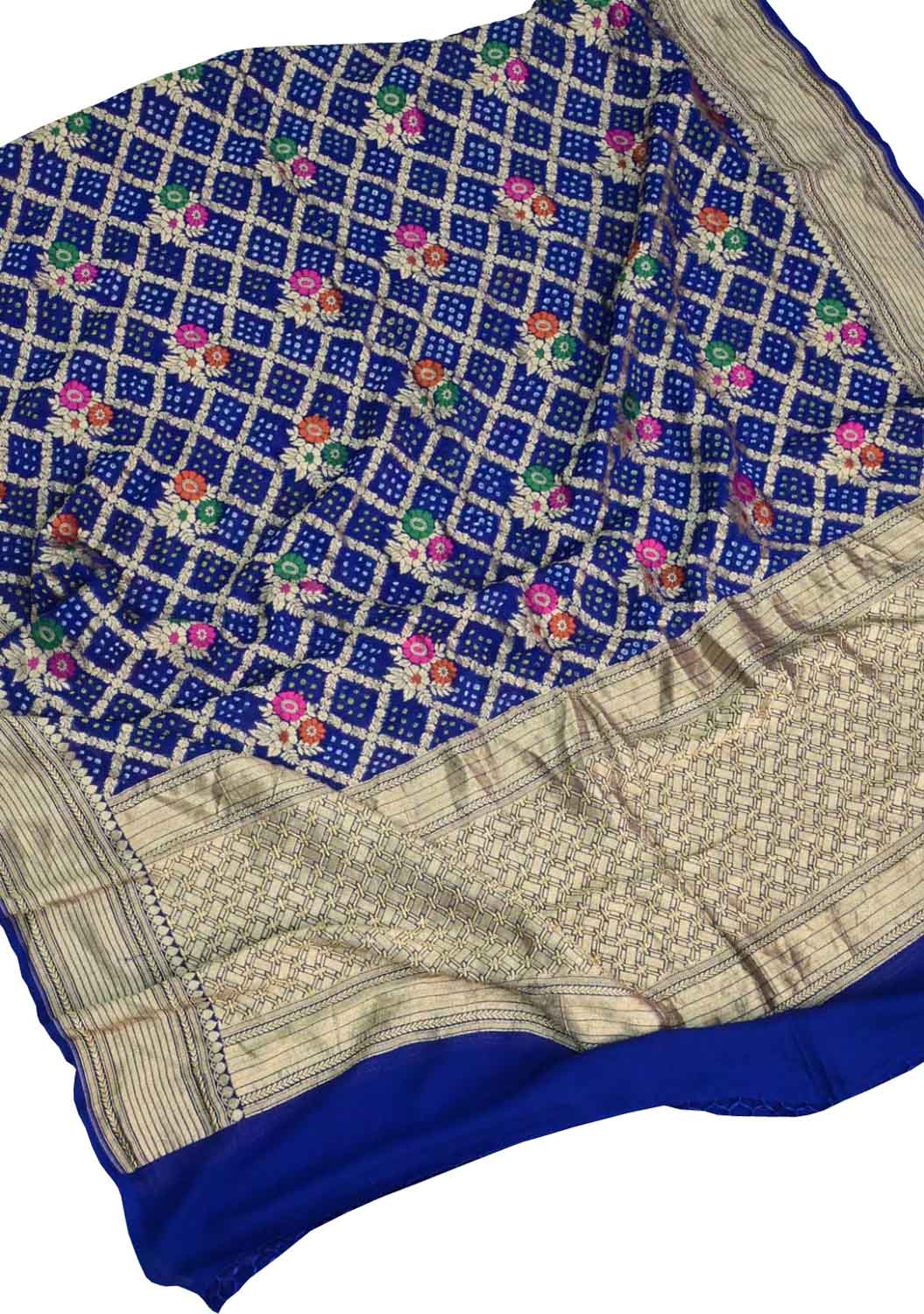 Blue Bandhani Georgette Three Piece Unstitched Suit With Meenakari Dupatta