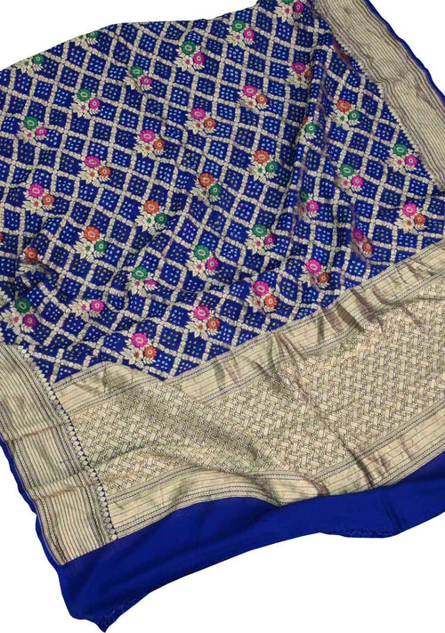 Blue Bandhani Georgette Three Piece Unstitched Suit With Meenakari Dupatta