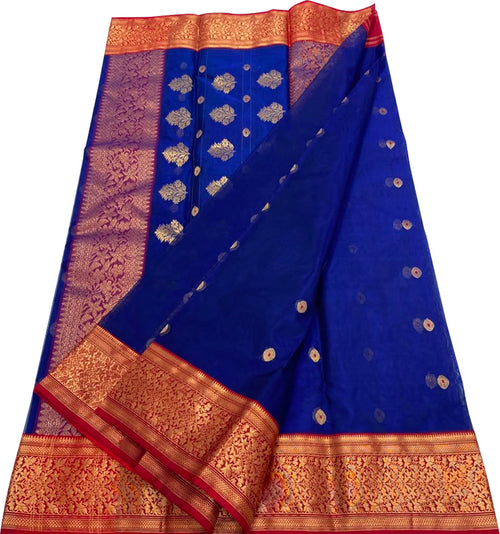 Blue Chanderi Katan Silk Saree Handloom Weave Festive