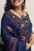 Blue Kashmiri Sozni Pure Crepe Saree—Dense Jaal Embroidery, Wedding