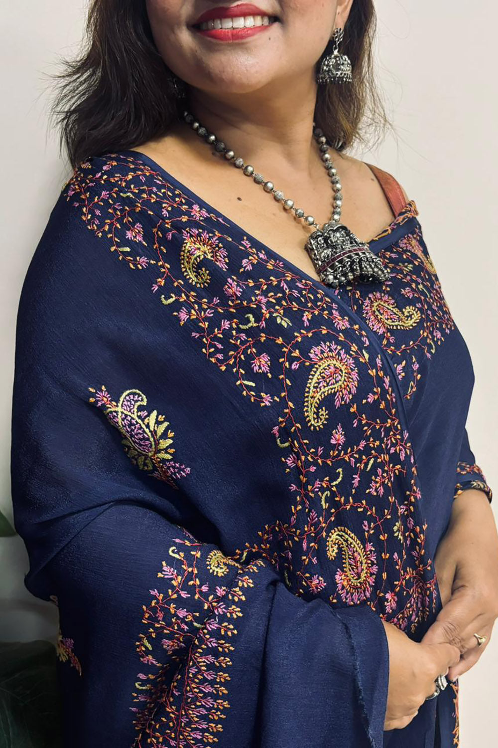Blue Kashmiri Sozni Pure Crepe Saree—Dense Jaal Embroidery, Wedding