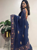 Blue Kashmiri Sozni Pure Crepe Saree—Dense Jaal Embroidery, Wedding
