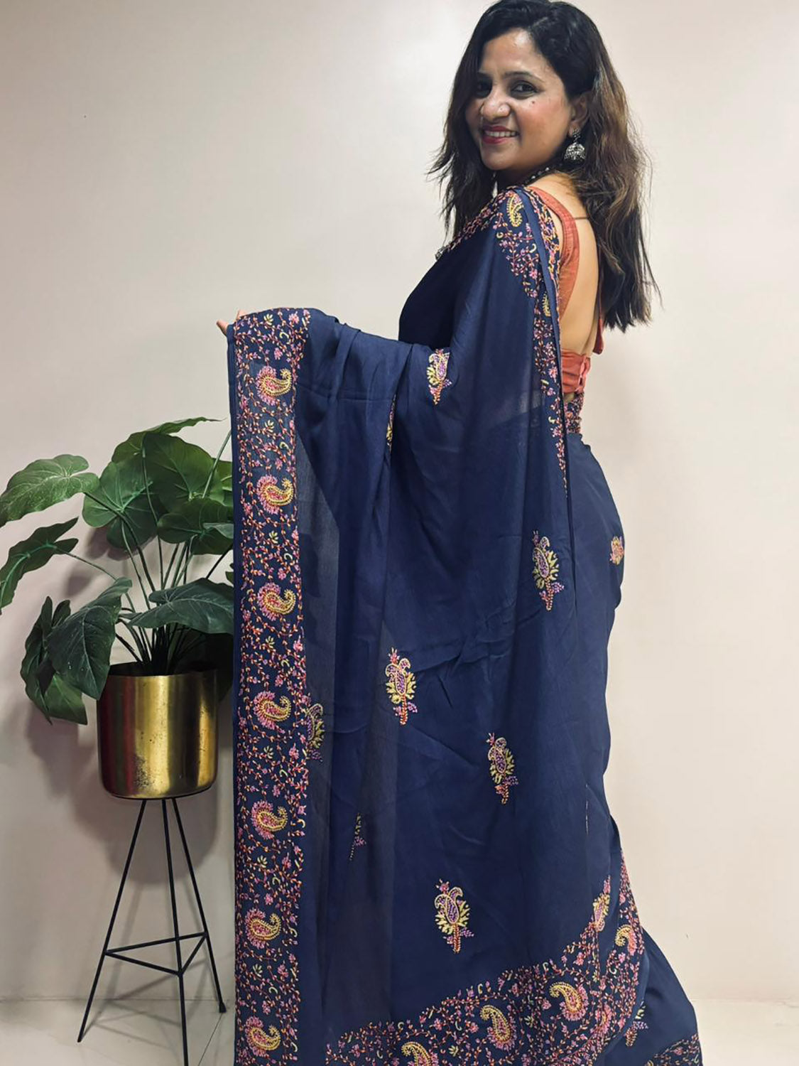 Blue Kashmiri Sozni Pure Crepe Saree—Dense Jaal Embroidery, Wedding