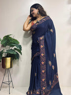 Blue Kashmiri Sozni Pure Crepe Saree—Dense Jaal Embroidery, Wedding