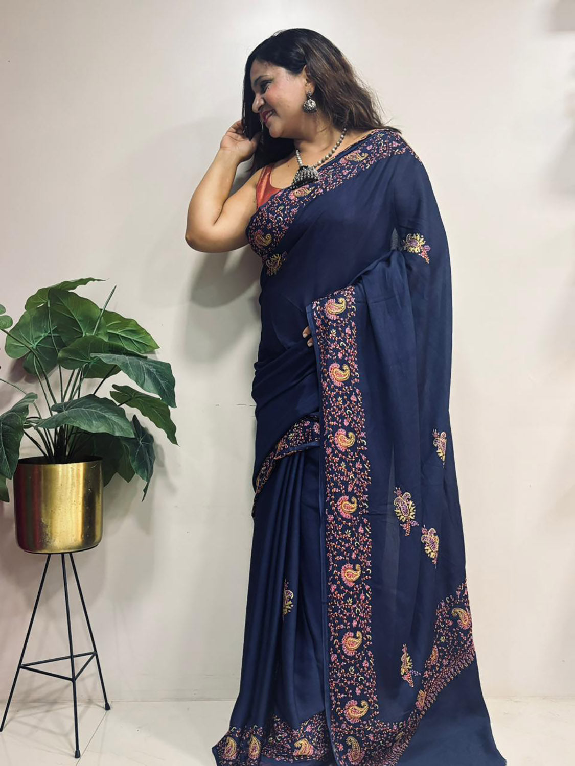 Blue Kashmiri Sozni Pure Crepe Saree—Dense Jaal Embroidery, Wedding