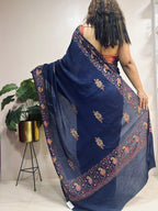 Blue Kashmiri Sozni Pure Crepe Saree—Dense Jaal Embroidery, Wedding