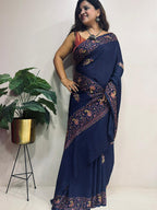 Blue Kashmiri Sozni Pure Crepe Saree—Dense Jaal Embroidery, Wedding