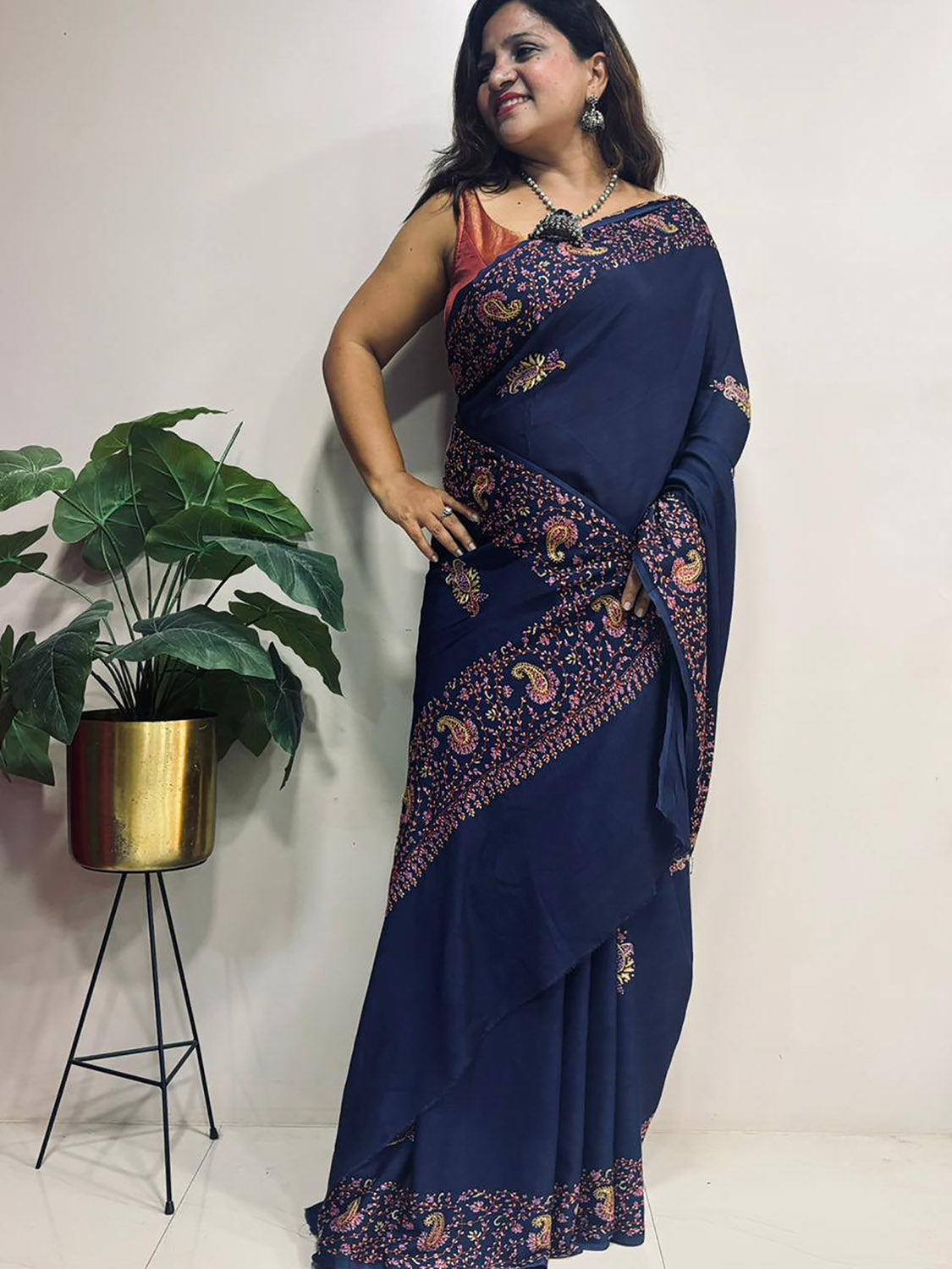 Blue Kashmiri Sozni Pure Crepe Saree—Dense Jaal Embroidery, Wedding