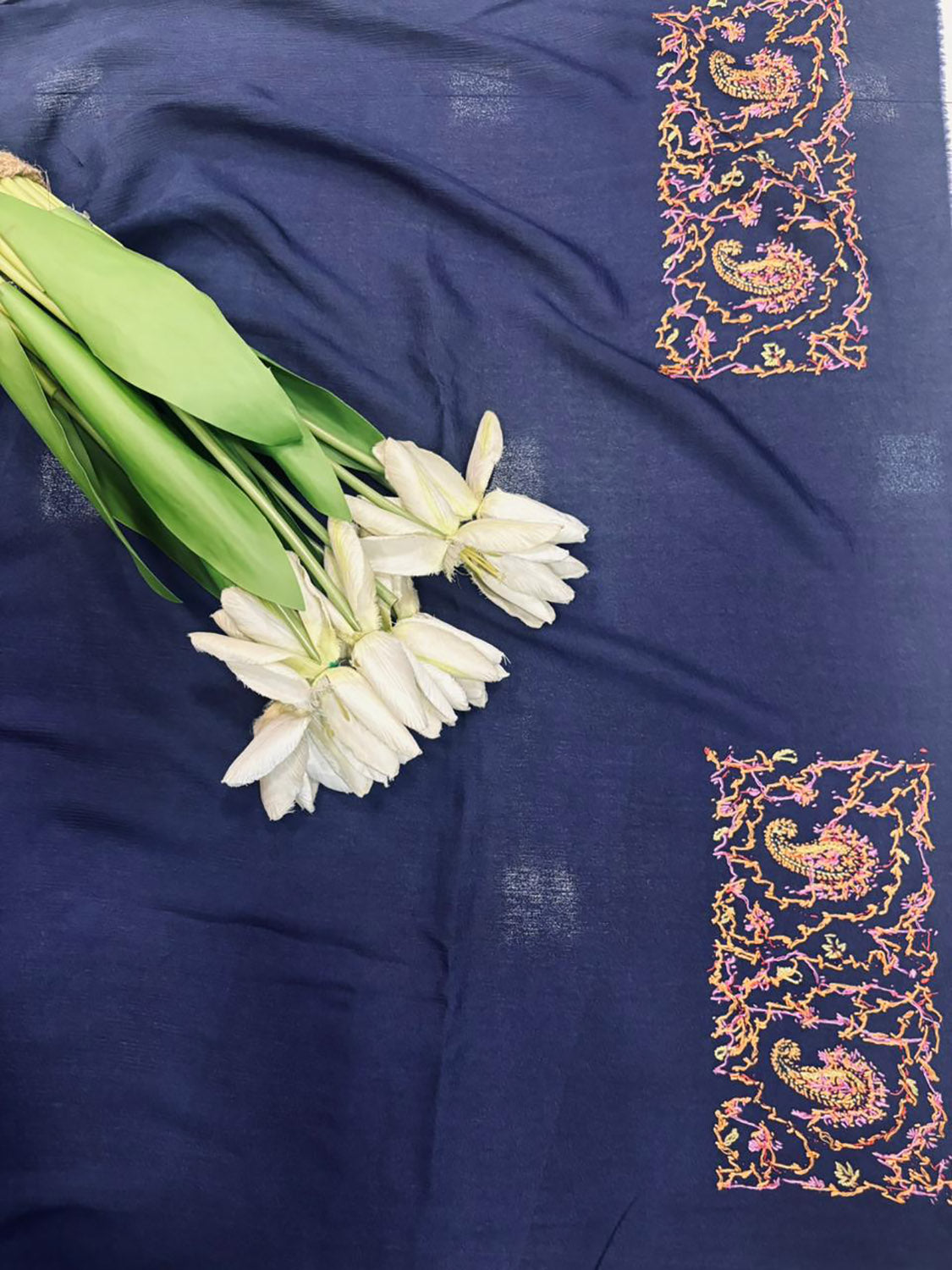 Blue Kashmiri Sozni Pure Crepe Saree—Dense Jaal Embroidery, Wedding