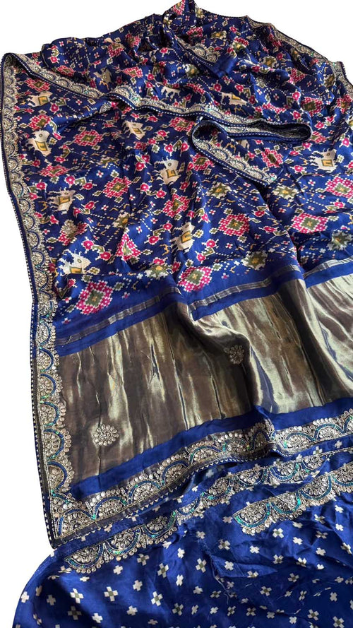 Blue Digital Print Patola Gajji Silk Saree Lagda Border Hand Gotta Patti