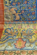 Blue Hand Painted Kalamkari Pure Tussar Silk Saree