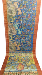 Blue Hand Painted Kalamkari Pure Tussar Silk Saree
