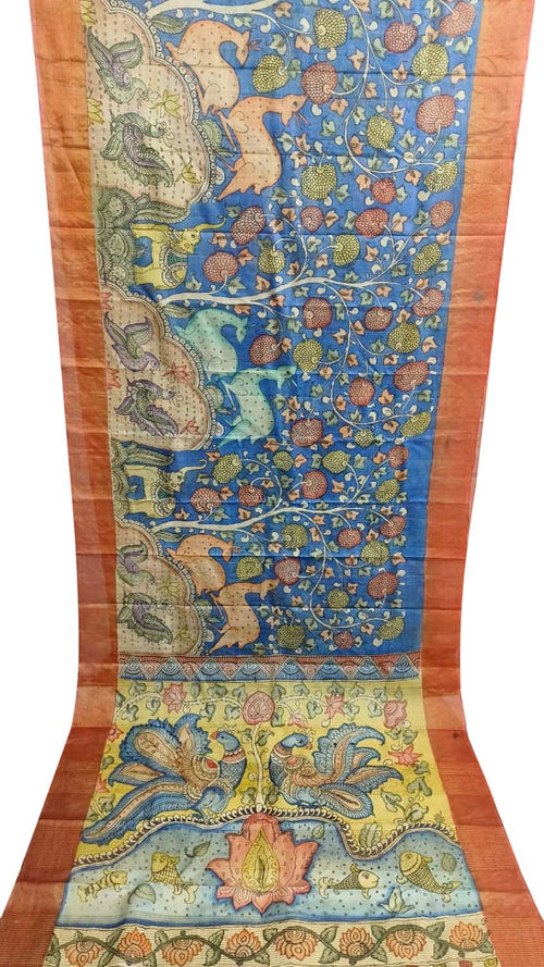 Blue Hand Painted Kalamkari Pure Tussar Silk Saree