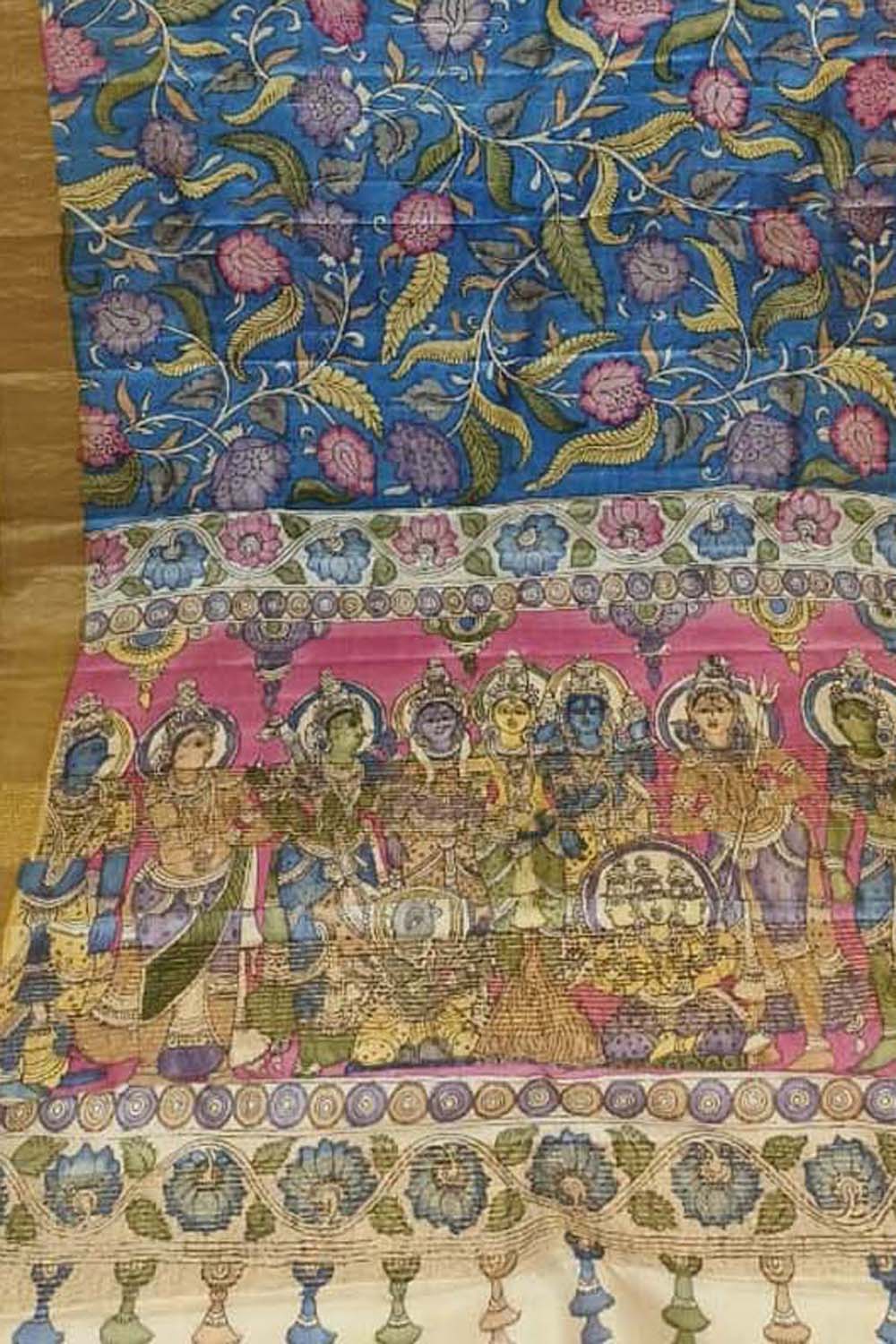 Blue Hand Painted Kalamkari Pure Tussar Silk Saree