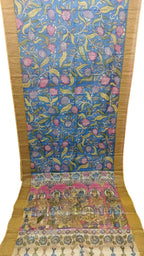 Blue Hand Painted Kalamkari Pure Tussar Silk Saree